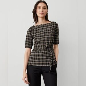 NWT! Ann Taylor Plaid Elbow Sleeve, Tie Waist Top in Black and Tan